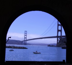 Golden Gate Bridge framed by a window on a tour bus headed to Sausalito!